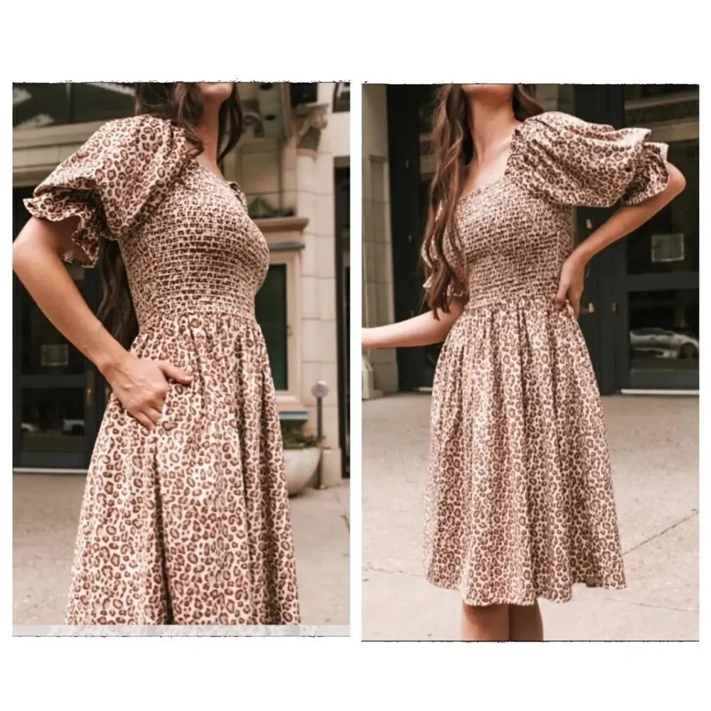 Ivy City Co. Wild One Smocked Boddice Leopard Print Puff Sleeve Velvet Dress